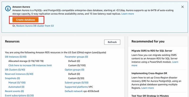 Create database under AWS RDS Service page