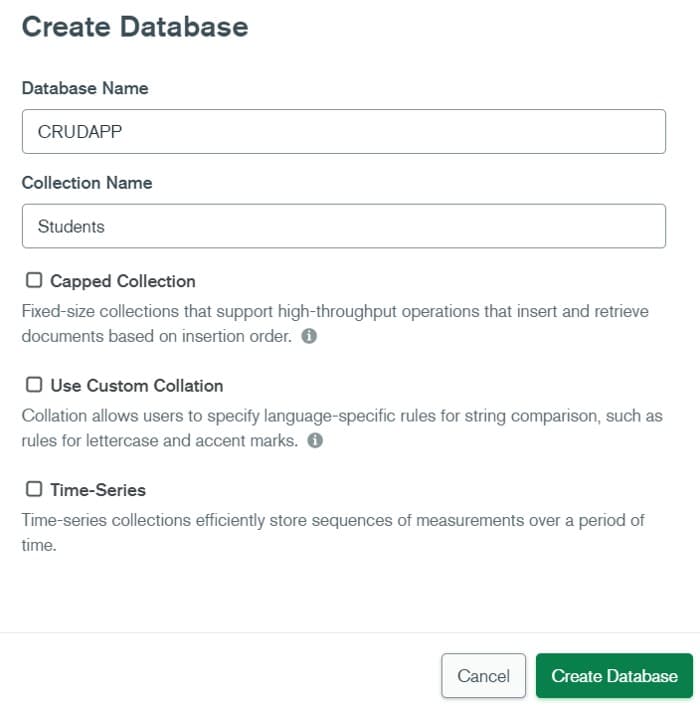 creating database for our project using MongoDB Compass