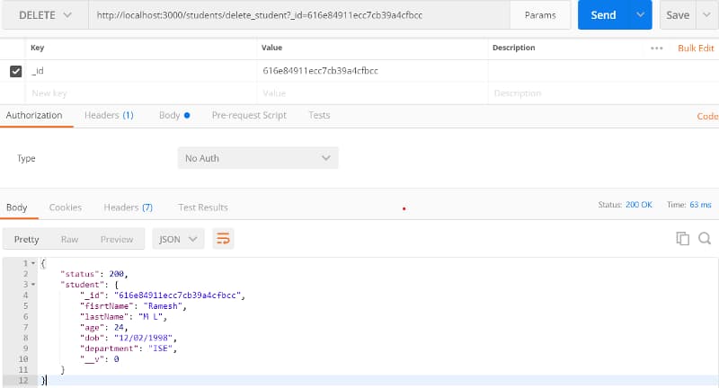 postman result after running the DELETE method