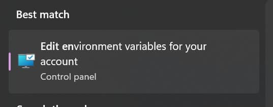 Edit environmental variable for your account in search bar