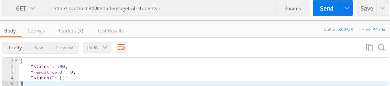 postman result after running the GET method